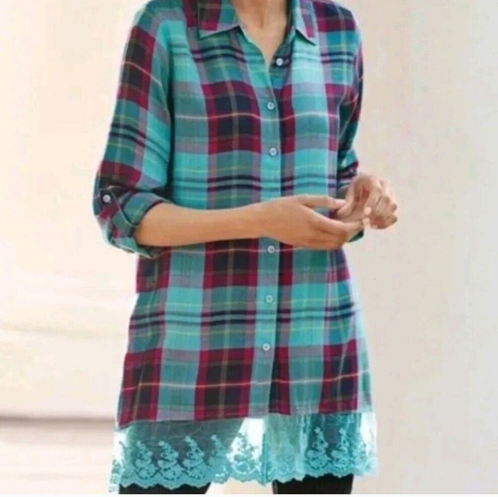 Soft Surroundings Adeline Blue Plaid Button-Up Shirt with Lace Hem, Size PM